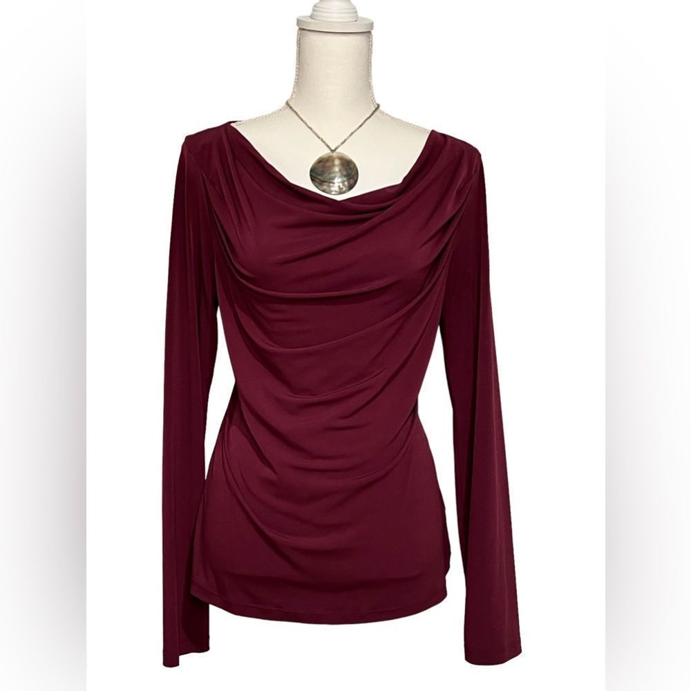 JONES NEW YORK SIGNATURE BURGUNDY DRAPE NECK LONG SLEEVE BLOUSE SIZE MEDIUM